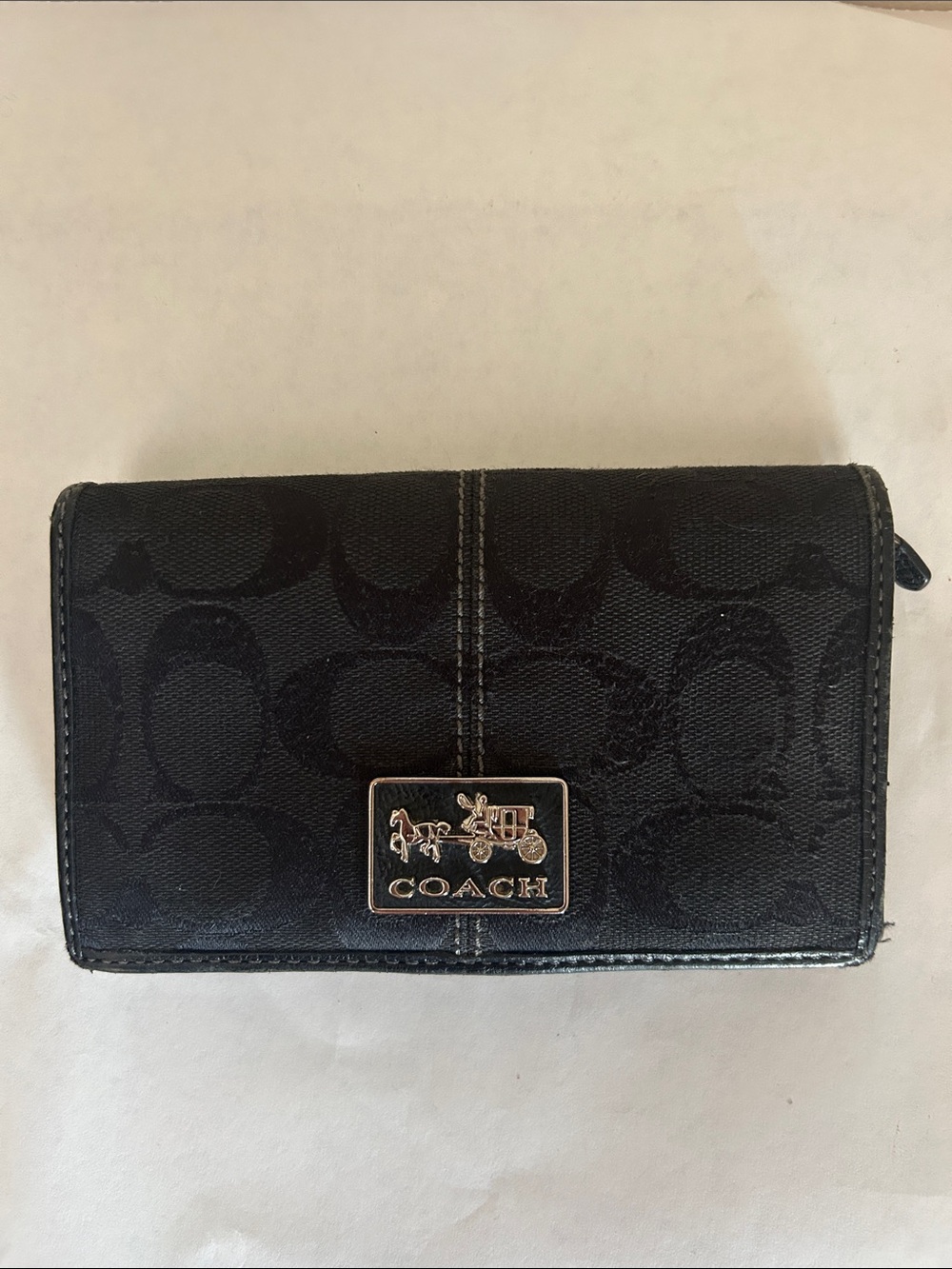 Coach Black Signature Bi-Fold Wallet with Gold Plaque